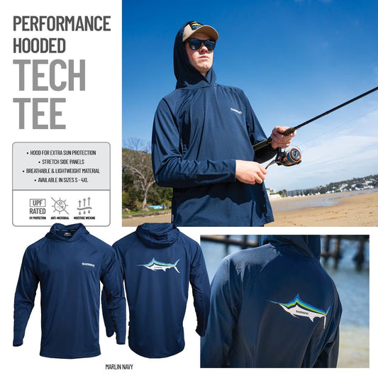 Shimano SHIMANO PERFORMANCE LS HOODED TECH TEE MARLIN NAVY premium fishing tackle gear from Allways Angling