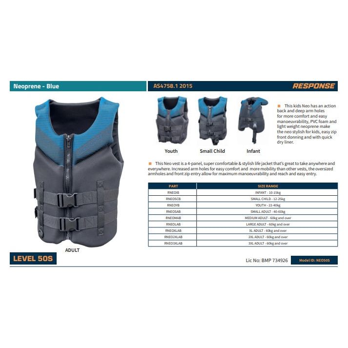 Response RNEO Neoprene Life Jacket PFD Vest - Adult