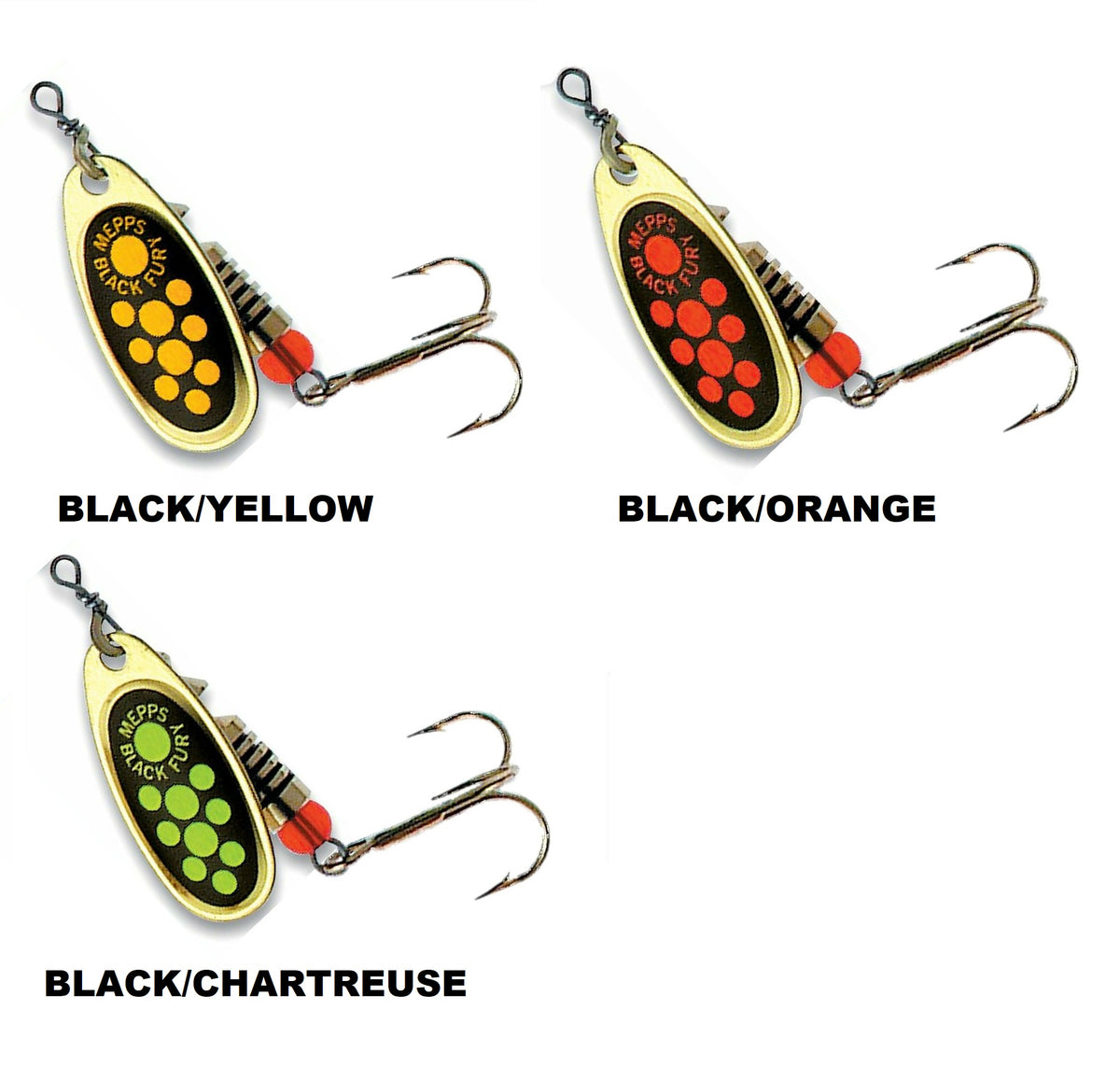 Mepps Lures, Black Fury, Gold Chartreuse Dots