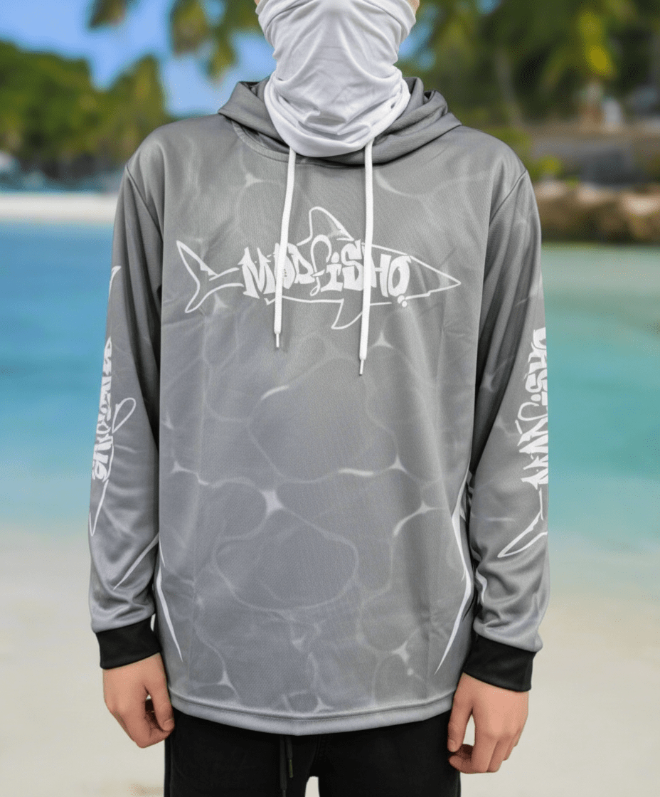 Mad Fisho Mad Fisho Hooded Fishing Shirt GREY SHARK premium fishing tackle gear from Allways Angling