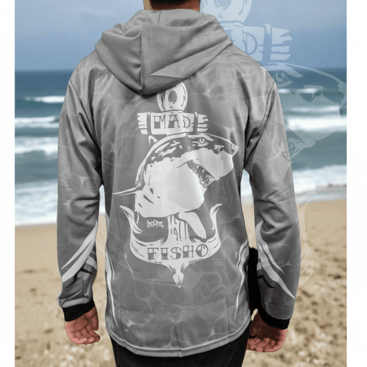 Mad Fisho Mad Fisho Hooded Fishing Shirt GREY SHARK premium fishing tackle gear from Allways Angling