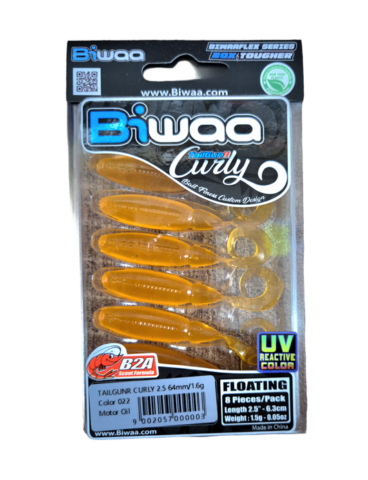 Biwaa BIWAA TAILGUNR CURLY 2.5 Soft Plastic 8pcs MOTOR OIL premium fishing tackle gear from Allways Angling