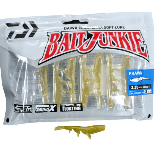 Daiwa DAIWA BAIT JUNKIE 2.35" PRAWN BLOODWORM UV SOFT PLASTICS premium fishing tackle gear from Allways Angling