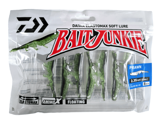 Daiwa DAIWA BAIT JUNKIE 2.35" PRAWN OLIVE OIL UV SOFT PLASTICS premium fishing tackle gear from Allways Angling