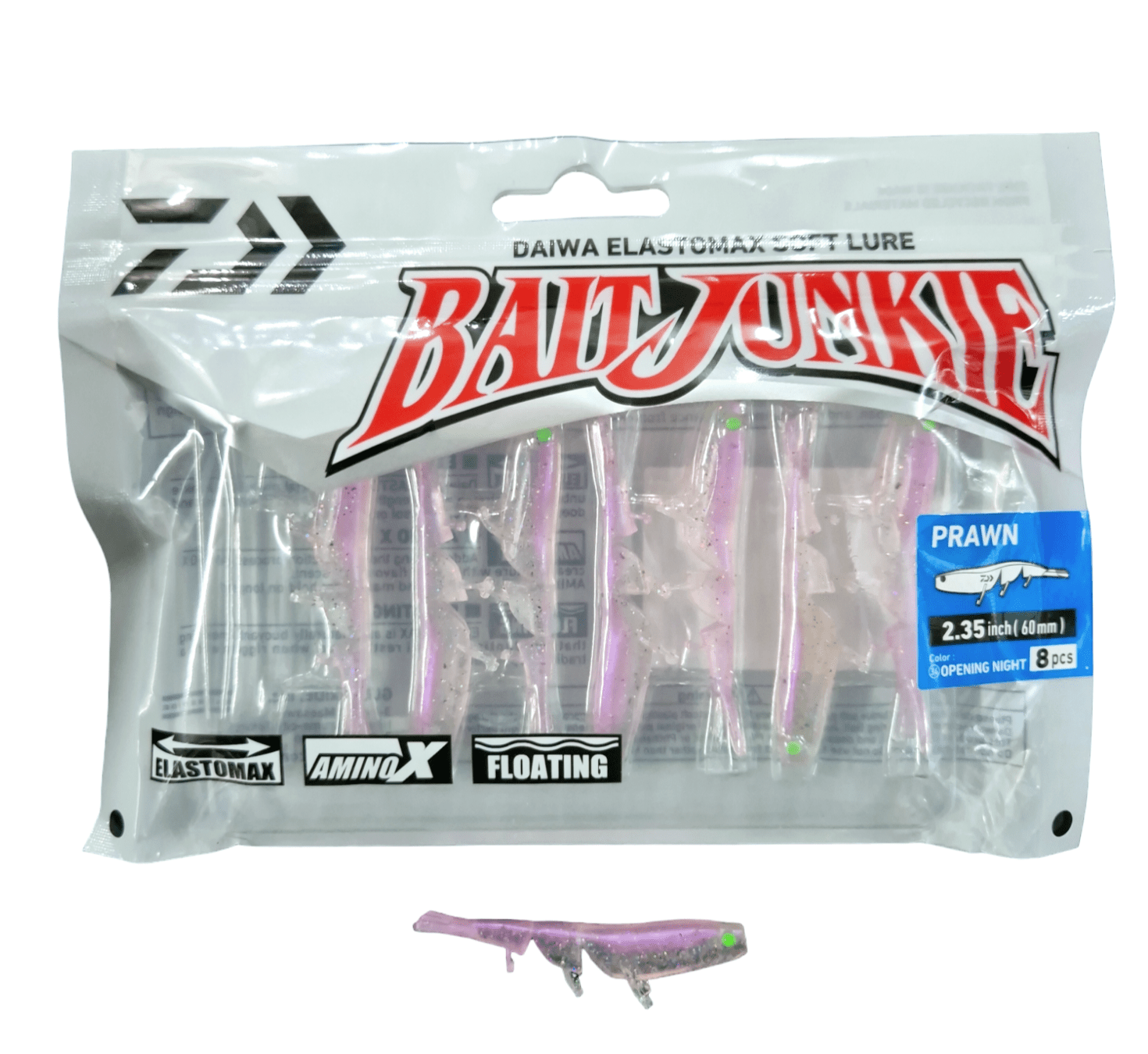 Daiwa DAIWA BAIT JUNKIE 2.35" PRAWN OPENING NIGHT SOFT PLASTICS premium fishing tackle gear from Allways Angling