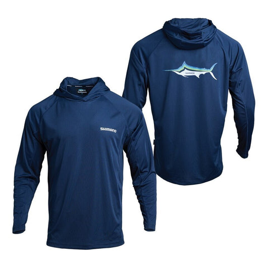 Shimano SHIMANO PERFORMANCE LS HOODED TECH TEE MARLIN NAVY premium fishing tackle gear from Allways Angling