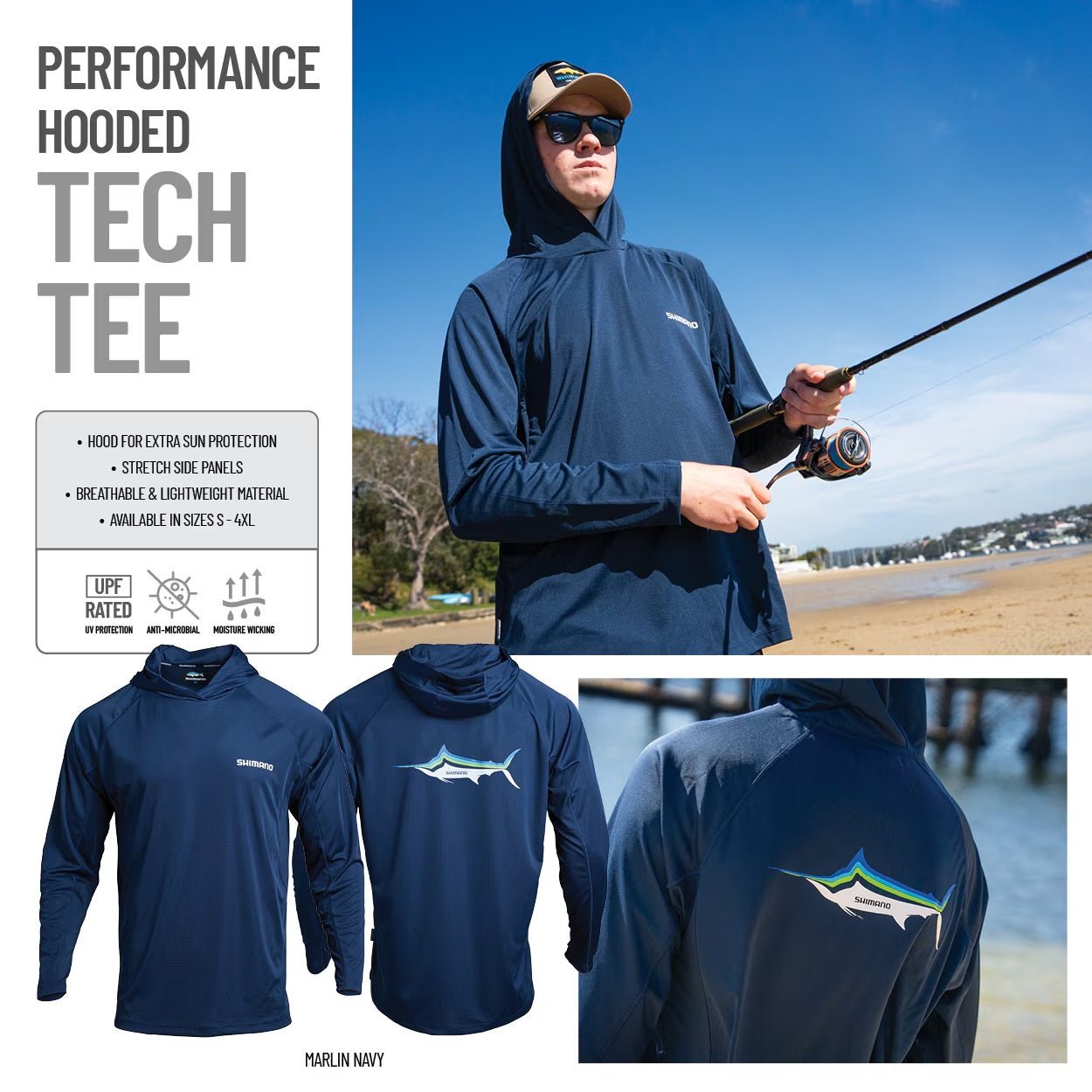 Shimano SHIMANO PERFORMANCE LS HOODED TECH TEE MARLIN NAVY premium fishing tackle gear from Allways Angling