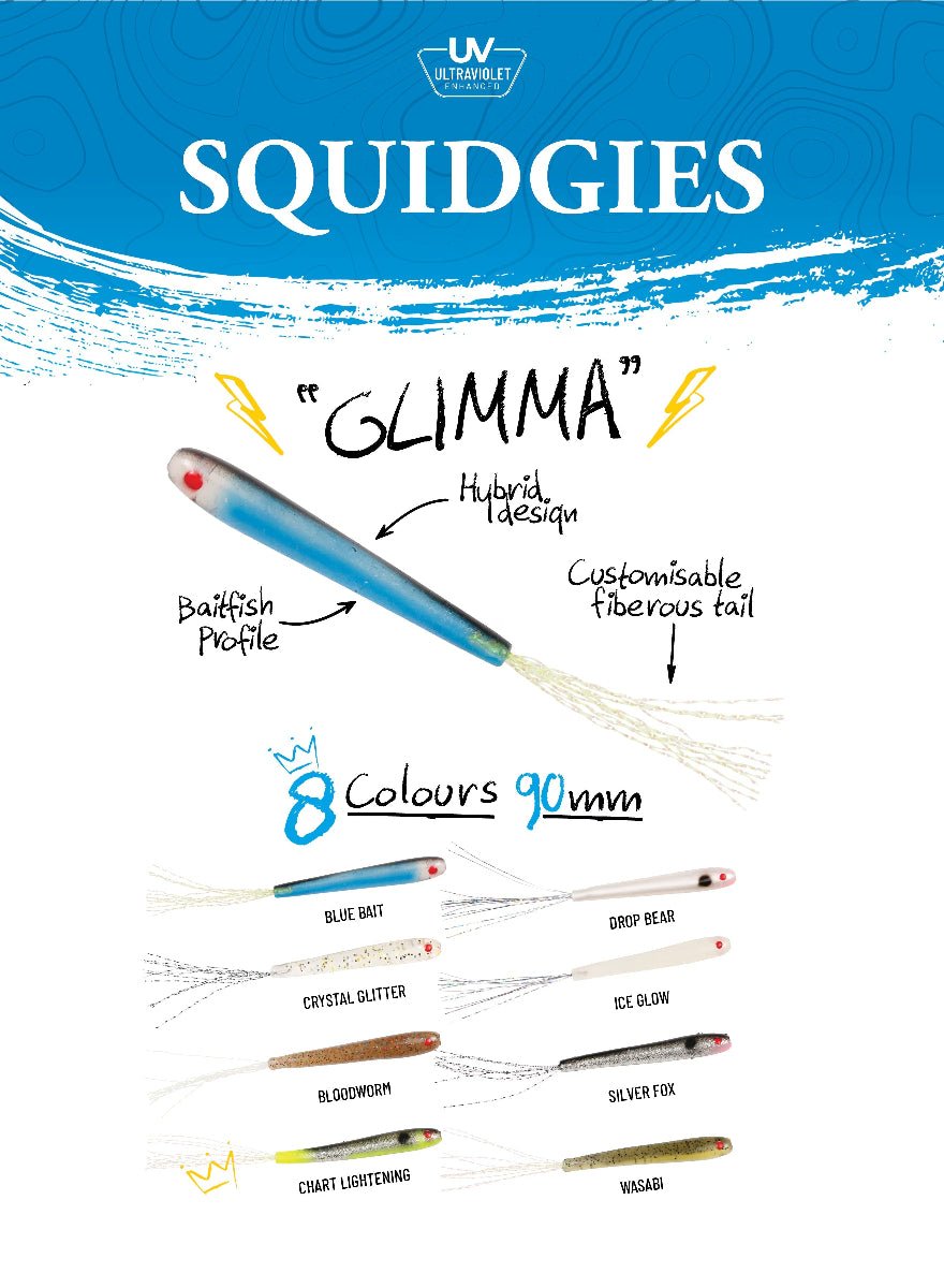 Shimano SQUIDGIES GLIMMA SOFT PLASTICS 5PK premium fishing tackle gear from Allways Angling