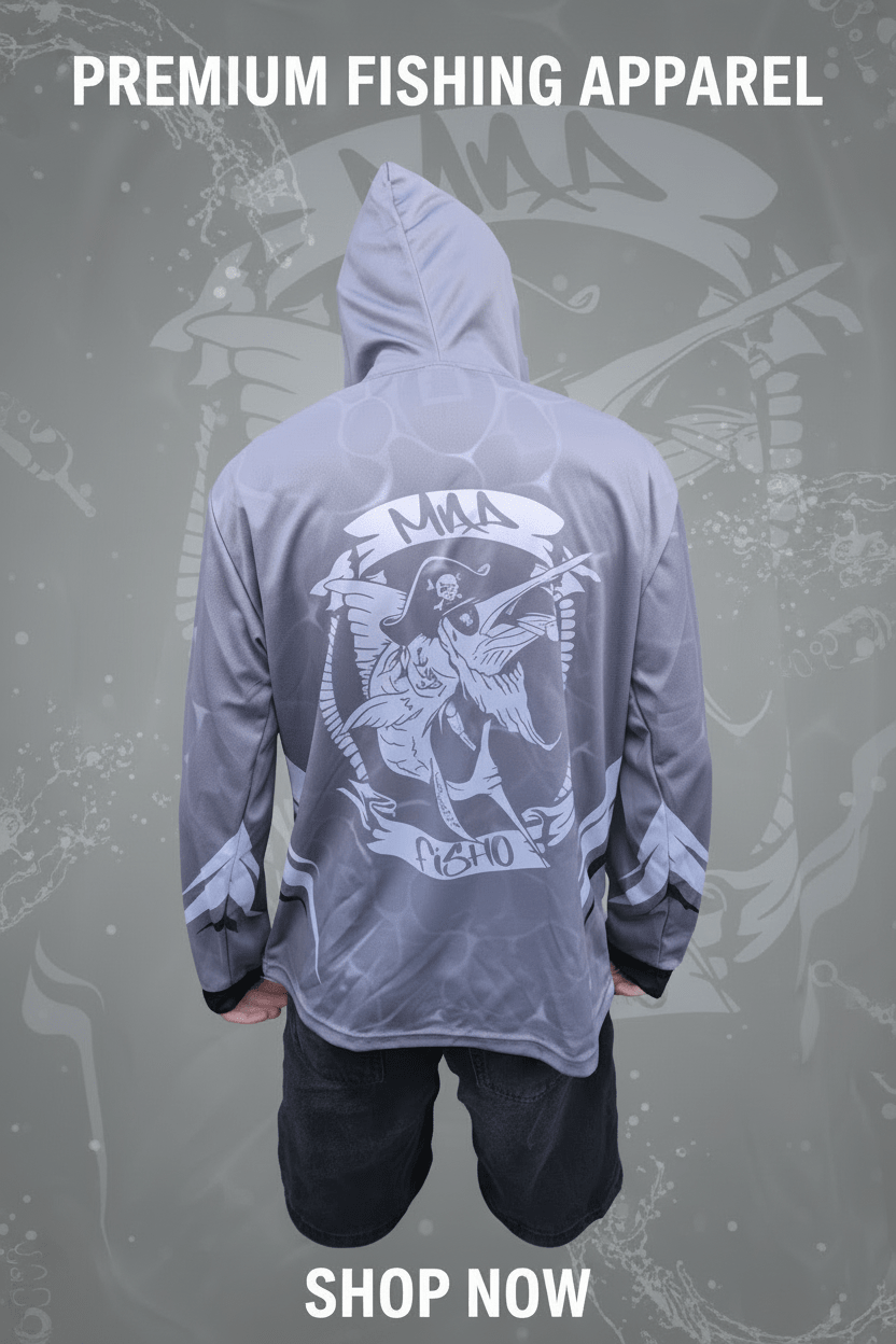 Mad Fisho Mad Fisho Hooded Fishing Shirt GREY MARLIN premium fishing tackle gear from Allways Angling