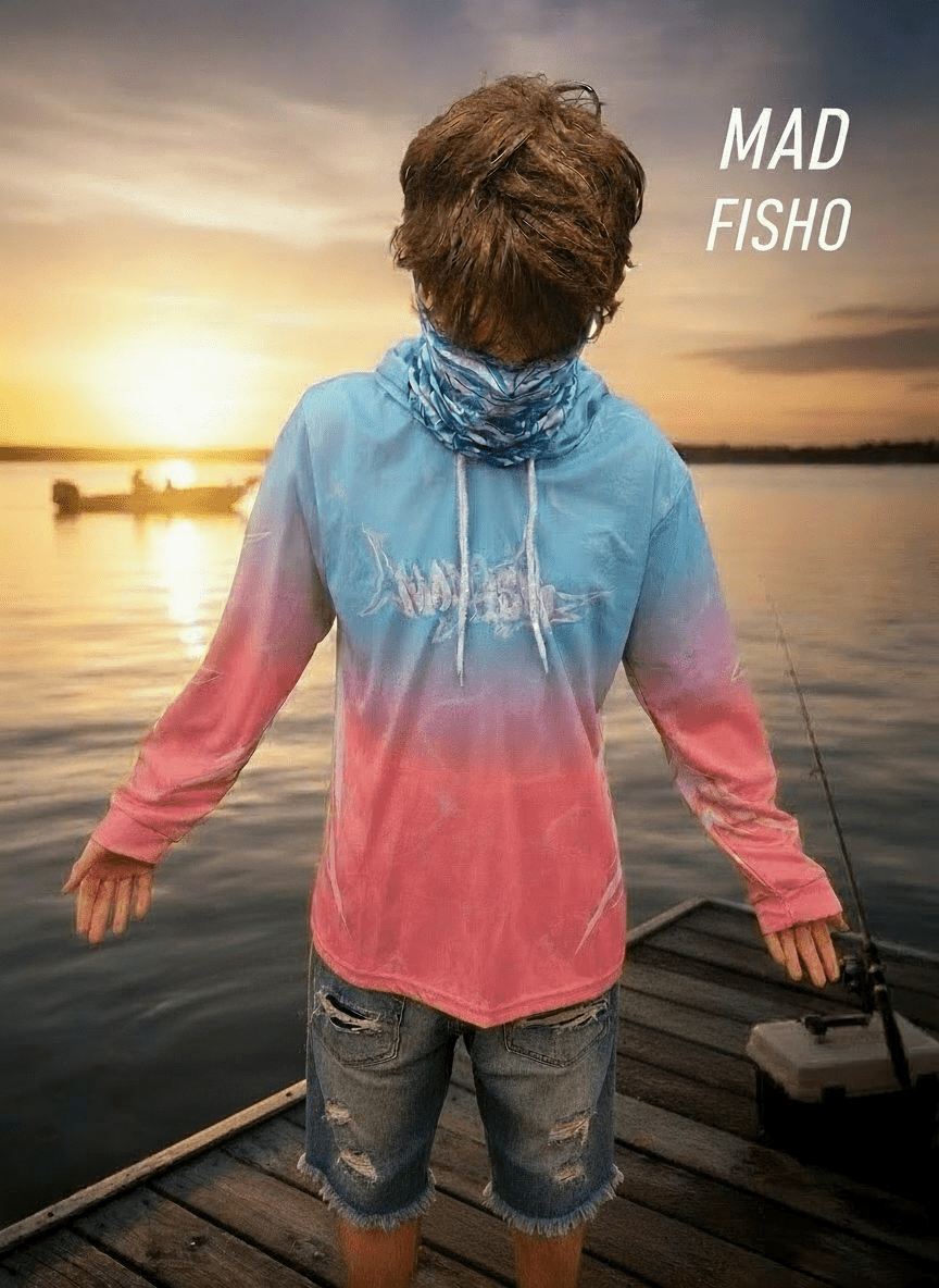 Mad Fisho Mad Fisho Hooded Fishing Shirt Pink/Blue Marlin premium fishing tackle gear from Allways Angling