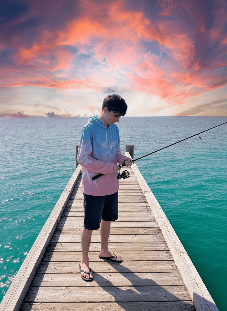 Mad Fisho Mad Fisho Hooded Fishing Shirt Pink/Blue Marlin premium fishing tackle gear from Allways Angling