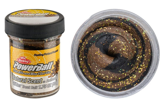 Berkley Berkley Powerbait Trout Bait Paste Blk & Brown Glitter Aniseed premium fishing tackle gear from Allways Angling